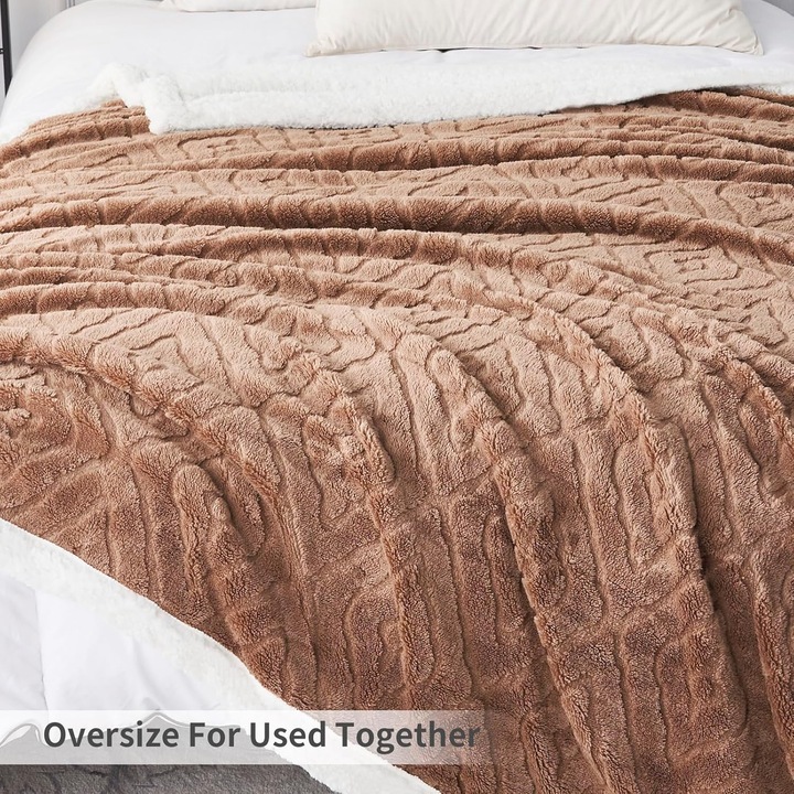 Patura Cocolino Groasa, EMATTERIO®, Pentru Pat Dublu, Tip Tricotaj, cu Blanita, 200 x 230 cm, Maro