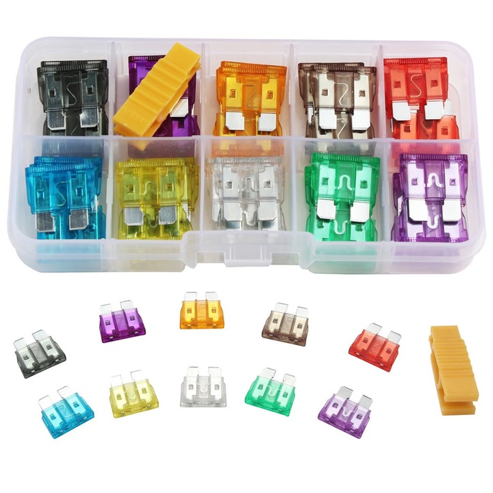 Set de sigurante auto, Axroad Mall, 80 piese, Cu extractor, 3A, 5A, 7.5A, 10A, 15A, 20A, 25A, 30A, 35A, 40A, Cutie organizatoare, Anti-coroziv, Izolatie, Rezistent la foc, Siguranta, Din aliaj de zinc, 11×4×16mm, Multicolor
