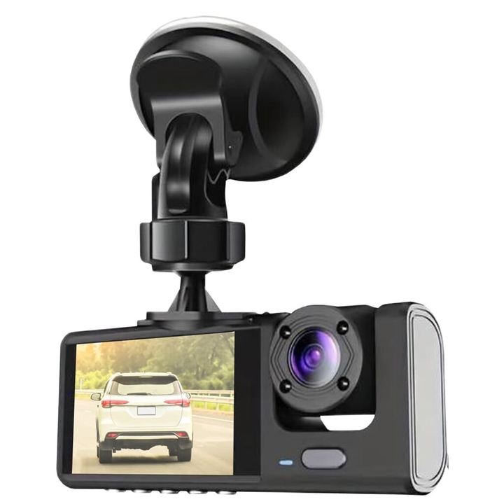 Тройна DVR камера за кола, JFYU, 170° ъгъл, Full HD 1080P, камера за заден ход, 5 инча, цикличен запис, нощно виждане, G сензор, детекция на движение, черен