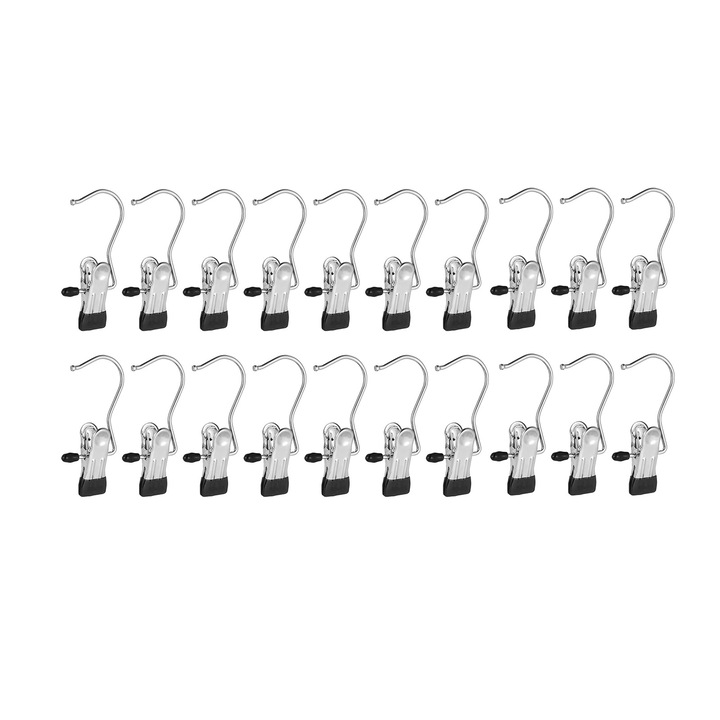 Set 20 carlige rufe, SINBINTA, Economisiti spatiu, Antiderapante, Portabil si neted, Rotatie 360°, pentru agatat haine, palarii, cizme, sosete, pantaloni, camasi, Inox, 11 x 2.3 x 3.8cm, Argintiu inchis