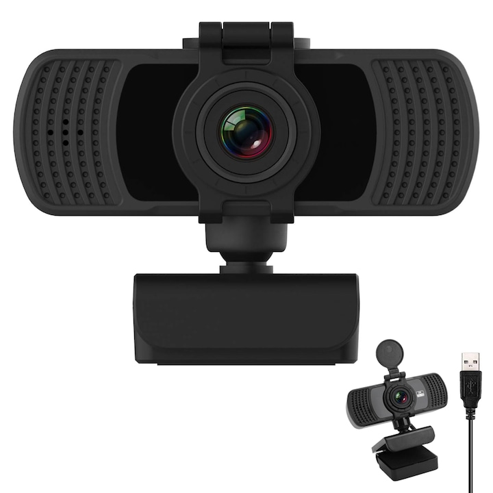 Camera Web, JFYU, 2K Ultra- Hd Webcam, Auto-Focus, Microfon Reducere Zgomot Incorporat, Rotatie 360°, Rezolutie 2560 x 1440 30fps, Corectie Automata de Culoare, Conectare USB, Functie Privacy, Conectare PC/Laptop, Negru
