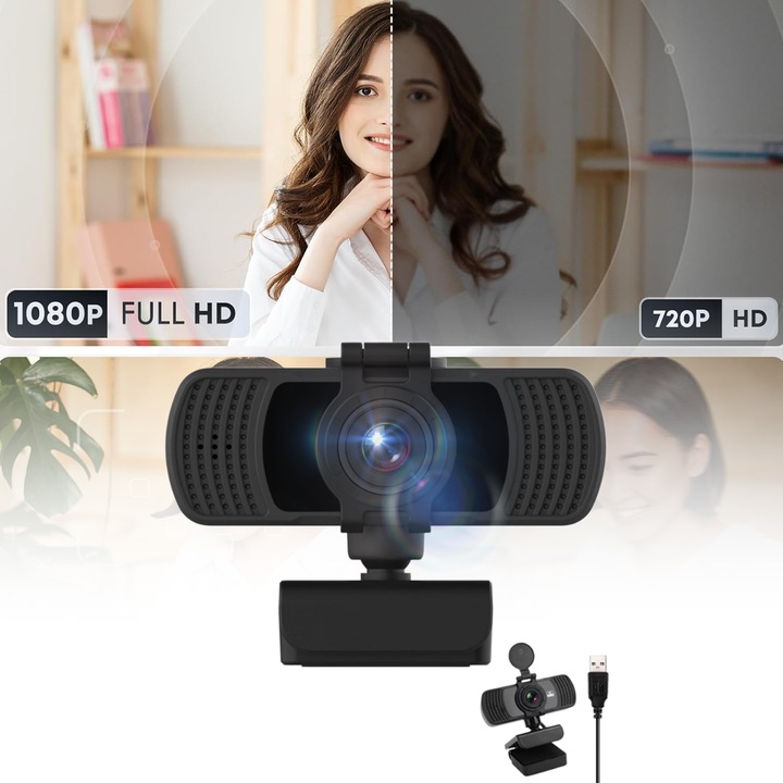 Camera Web, JFYU, 2K Ultra- Hd Webcam, Auto-Focus, Microfon Reducere Zgomot Incorporat, Rotatie 360°, Rezolutie 2560 x 1440 30fps, Corectie Automata de Culoare, Conectare USB, Functie Privacy, Conectare PC/Laptop, Negru