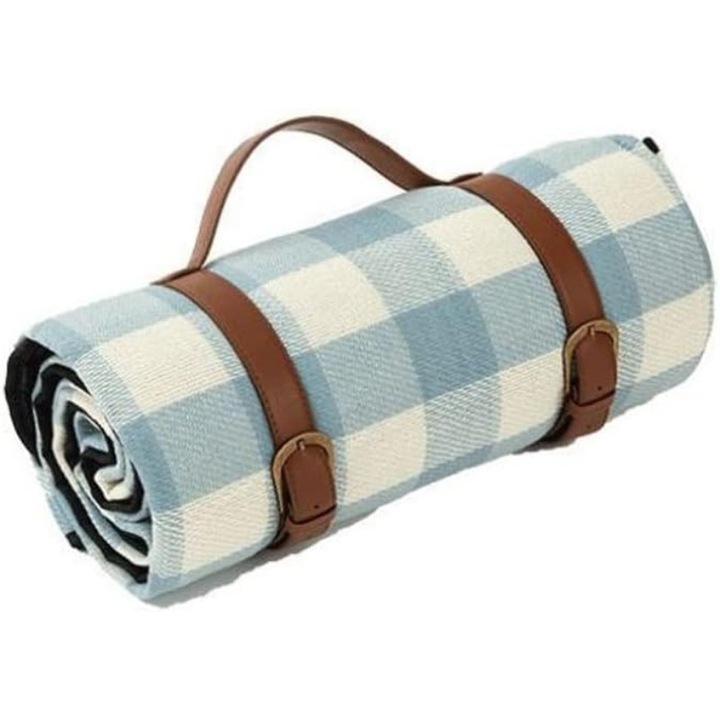 Одеяло за пикник Mindblower с дръжка от еко кожа, 200 x 150 см, кариран дизайн, синьо и бяло, идеално за релаксиращи срещи сред природата със семейството или приятели