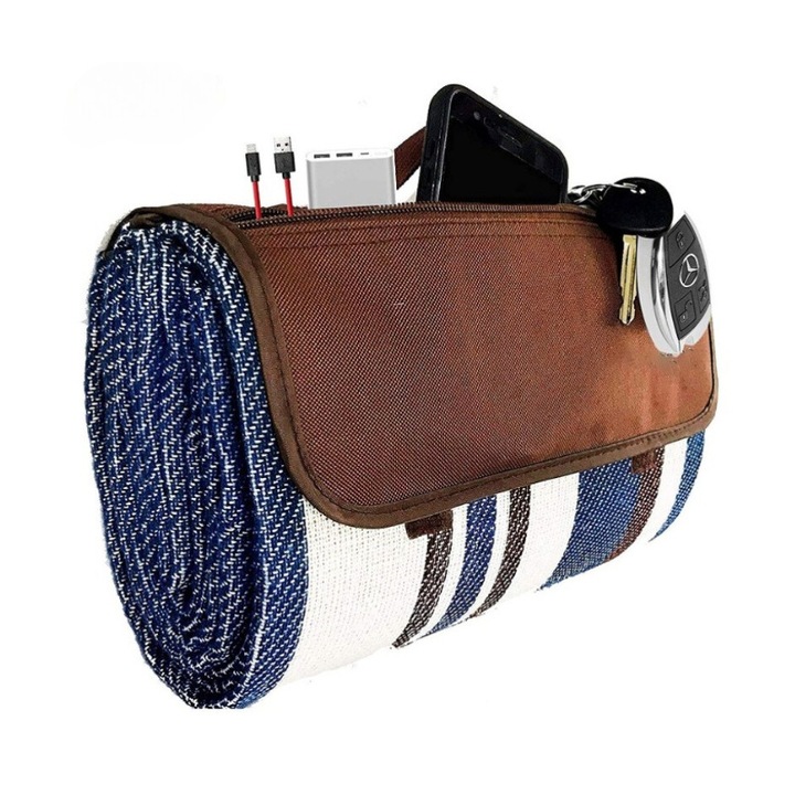 Одеяло, Mindblower, Пикник, Забавно, с джоб, акрилен плат, пяна, водоустойчив материал, раирана шарка, морски стил, 200 x 150 cm разгънато, 40 x 30 cm сгънато