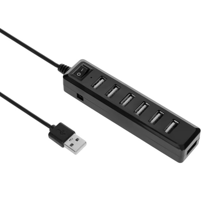 Hub USB 2.0 cu 7 porturi, buton on-off, negru