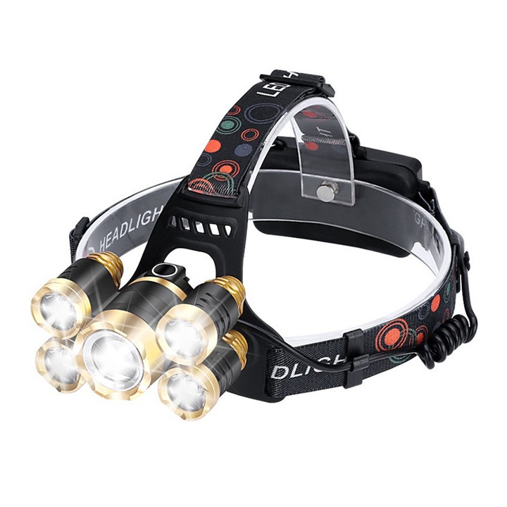 Lanterna de Cap LED, JFYU, Lanterna Puternica de cap, 5 x LED, 4 moduri Lumina, 2 Baterii Reincarcabile de 18650 Li/2400 mAh, Mod Baterie Externa, Rezistenta La Apa, Frontala, Cablu de incarcare, Negru