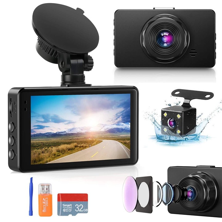 Camera Auto DVR, JFYU, Camera Video De Bord Auto Full HD 1080P, Camp Vizual Ultra-Larg De 170°, Display LCD 3 Inch, Inregistrare in Bucla, Vedere Nocturna, G-Sensor, Detectarea Miscarii, Negru
