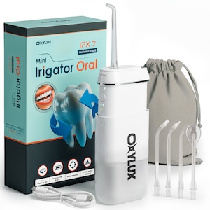 Irigator bucal portabil profesional OxyLux, dus bucal fara fir IPX7 waterproof, 3 programe curatare, 4 duze interschimbabile, baterie reincarcabila 1100 mAh, pentru igiena dentara, parodontita si curatare limba