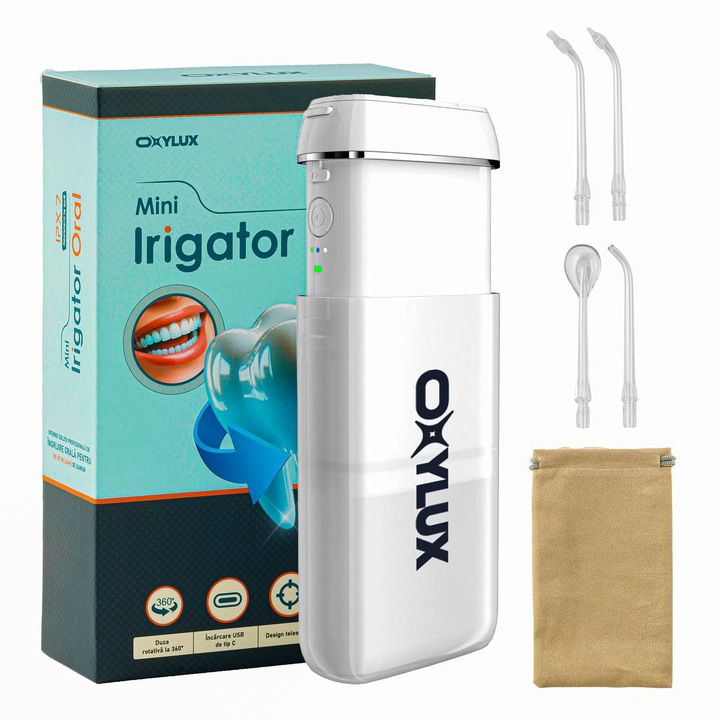 Мини Орален Иригатор OXYLUX, Преносим Душ За Уста, Безжичен, Водоустойчив, 4 Професионални Дюзи За Език И Пародонтит, 3 Режима На Почистване, Презареждащ Се, Батерия 1100mAh, Подходящ За Ежедневна Орална Хигиена, Бял