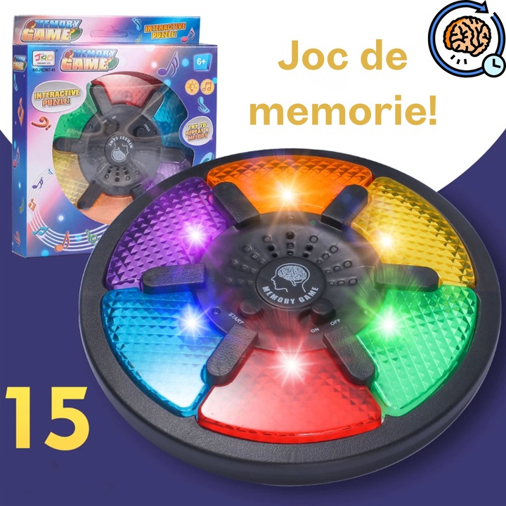 Joc de memorie pentru copii si adulti, 15 nivele de dificultate, stimulare vizuala si audio, material plastic si metal inalta calitate, reia ordinea culorilor, manual de folosire in limba engleza, MONTESORI, STEM, 16x16x3cm