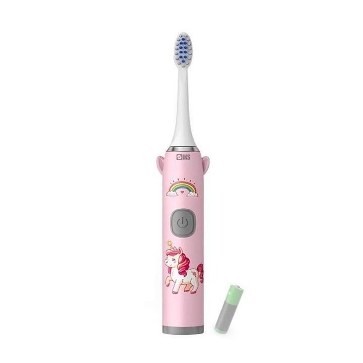 Periuta De Dinti Electrica SIKS Pentru Copii, 1 Treapta Intensitate, Peri Moi, Rezistenta La Apa, Model Unicorn, Cu Baterie, Roz