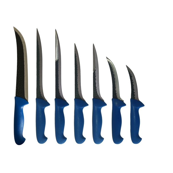 Set 7 cutite profesionale macelarie, coshop®, 1 cutitul macelarului, 2 Cutite injunghiat 25 cm, 2 Cutite injunghiat 20 cm, 2 Cutite dezosat filetat lama curbata forjata coshop®, otel carbon