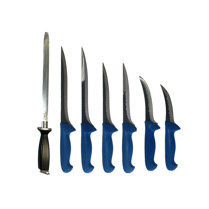 Set 7 cutite profesionale macelarie, 1 masat, 2 Cutite injunghiat 25 cm, 2 Cutite injunghiat 20 cm, 2 Cutite dezosat filetat lama curbata forjata coshop®, otel carbon
