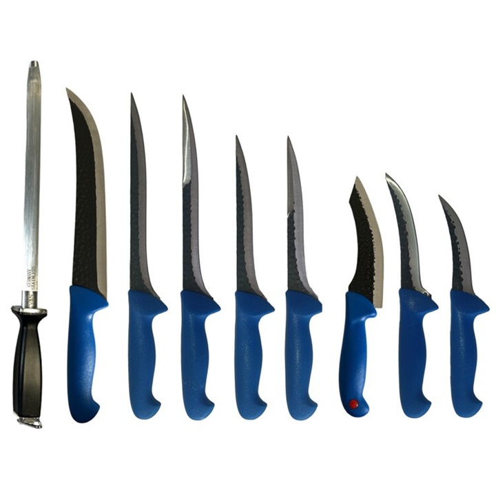 Set 9 cutite profesionale macelarie, 1 cutitul macelarului, 2 Cutite injunghiat 25 cm, 2 Cutite injunghiat 20 cm, 3 Cutite dezosat filetat lama curbata forjata, masat pentru ascutit cutite coshop®