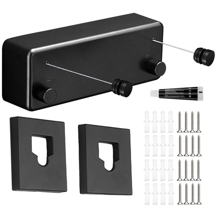 Uscator rufe de perete Retractabil sunt 2 cablu, Hggzeg, Echipat cu cablu de otel de 4.2 m, Greutate maxima 15kg, 2 tipuri de instalare, Usor de asamblat, Plastic/otel inoxidabil, 24x5.7x8.8cm, Negru