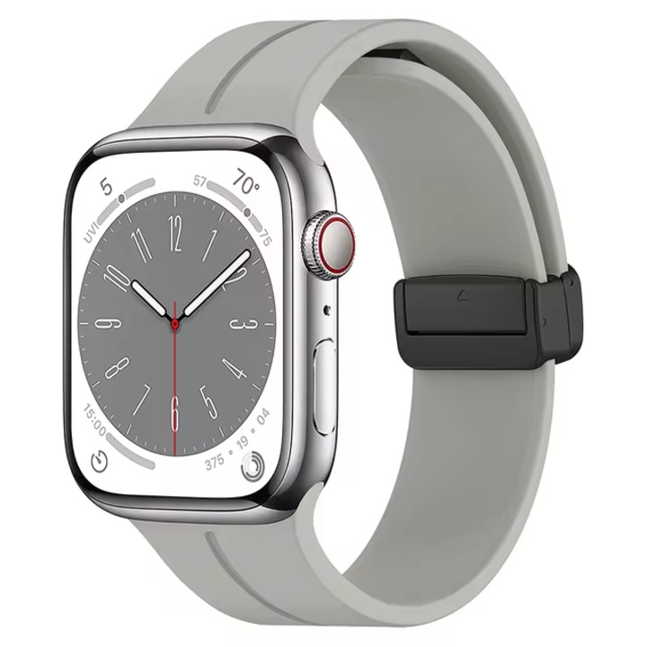 Curea Silicon MTP, Compatibila cu Apple Watch 1/2/3/4/5/6/7/8/9/SE 38/40/41 MM, Inchidere Magnetica, Silver