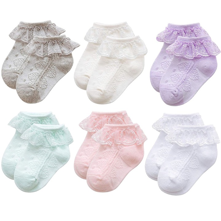 Set de 6 Sosete cu volanas din tulle, Hggzeg, Transpirabil, elimina transpiratia, anti-odore, Fete, Dragute si confortabile, Bumbac, Multicolor, Multicolor