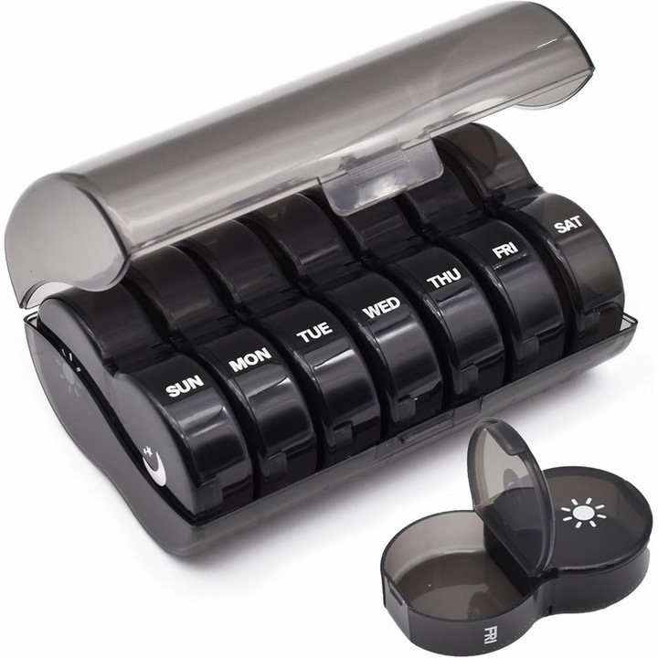 Органайзер за лекарства Lehnedar, 7 дни, 14 отделения, 8x4,5x1,7 см, Черен
