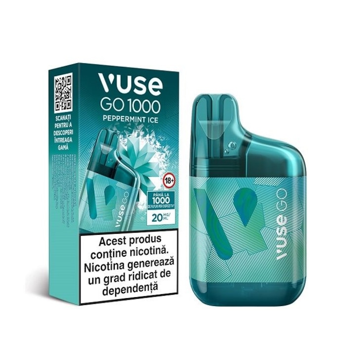 Tigara electronica de unica folosinta, Vuse GO 1000 BOX - Peppermint Ice, 2ml, 20mg/ml nicotina, autonomie pana la 1000 pufuri