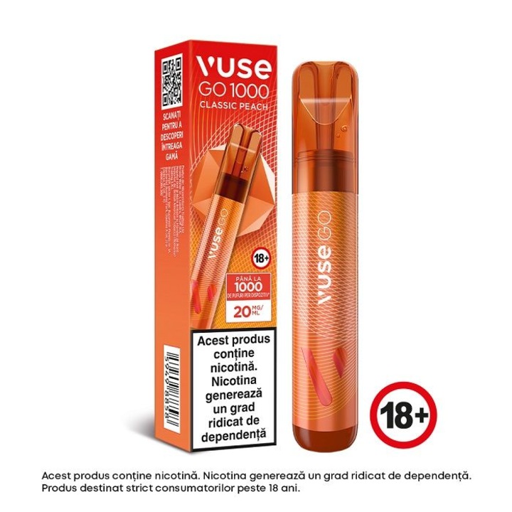 Tigara electronica de unica folosinta, Vuse GO 1000 PEN - Classic Peach,  2ml, 20mg/ml nicotina, autonomie pana la 1000 pufuri - eMAG.ro