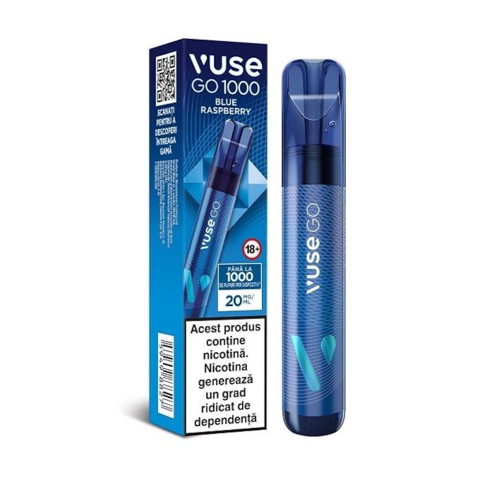 Tigara electronica de unica folosinta, Vuse GO 1000 PEN - Blue Raspberry, 2ml, 20mg/ml nicotina, autonomie pana la 1000 pufuri