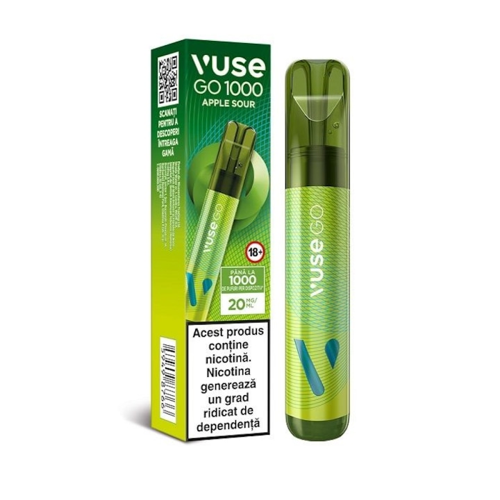 Tigara electronica de unica folosinta, Vuse GO 1000 PEN - Apple Sour, 2ml, 20mg/ml nicotina, autonomie pana la 1000 pufuri