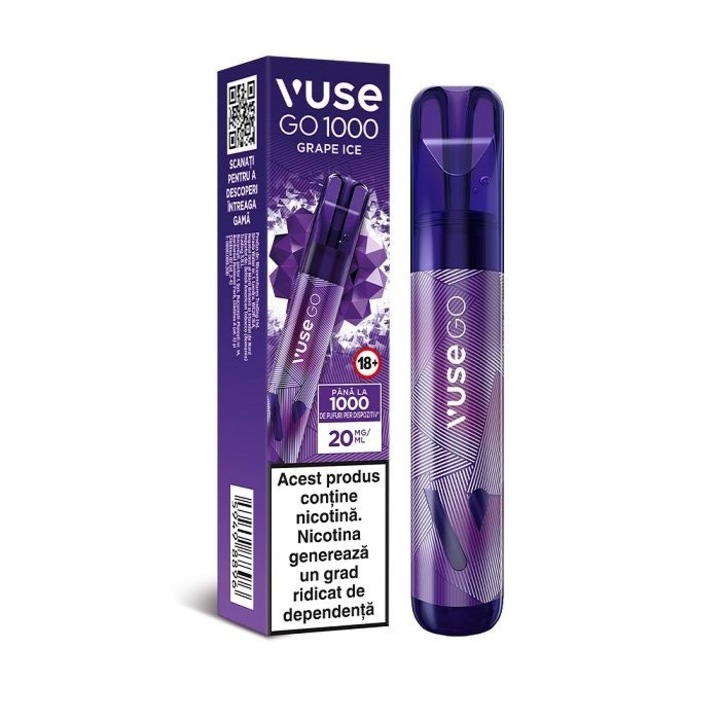 Tigara electronica de unica folosinta, Vuse GO 1000 PEN - Grape Ice, 2ml, 20mg/ml nicotina, autonomie pana la 1000 pufuri