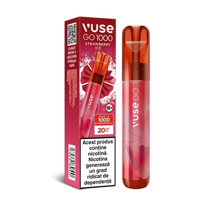 Tigara electronica de unica folosinta, Vuse GO 1000 PEN - Strawberry Ice, 2ml, 20mg/ml nicotina, autonomie pana la 1000 pufuri