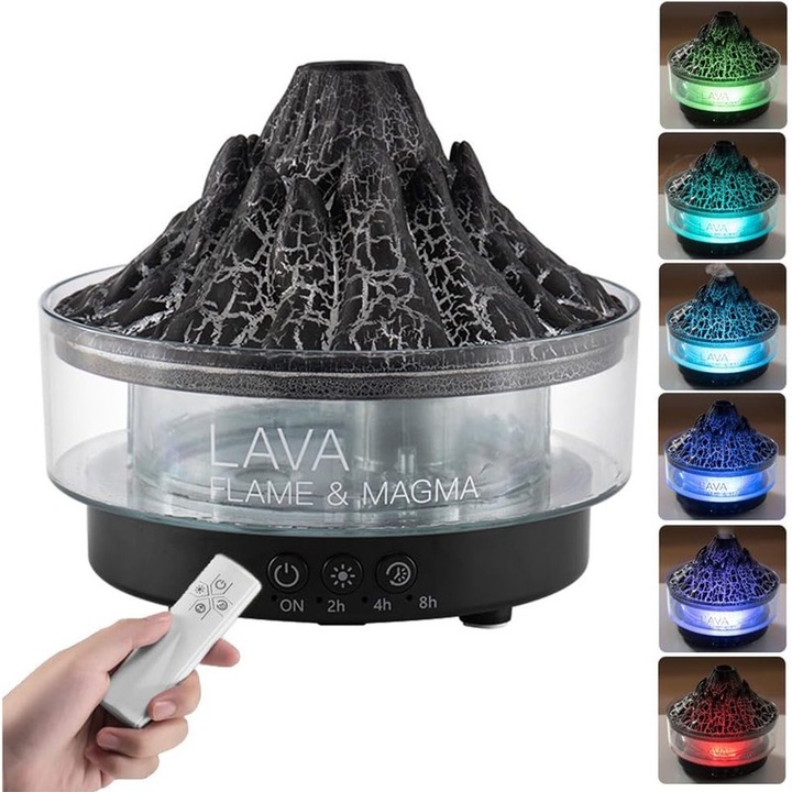 Lehnedar aromaterápiás diffúzor, párásító, illóolaj diffúzor, vulkán és jéghegy dizájn, 260 ml, 7 világítási mód, távirányító, automatikus kikapcsolás, fekete