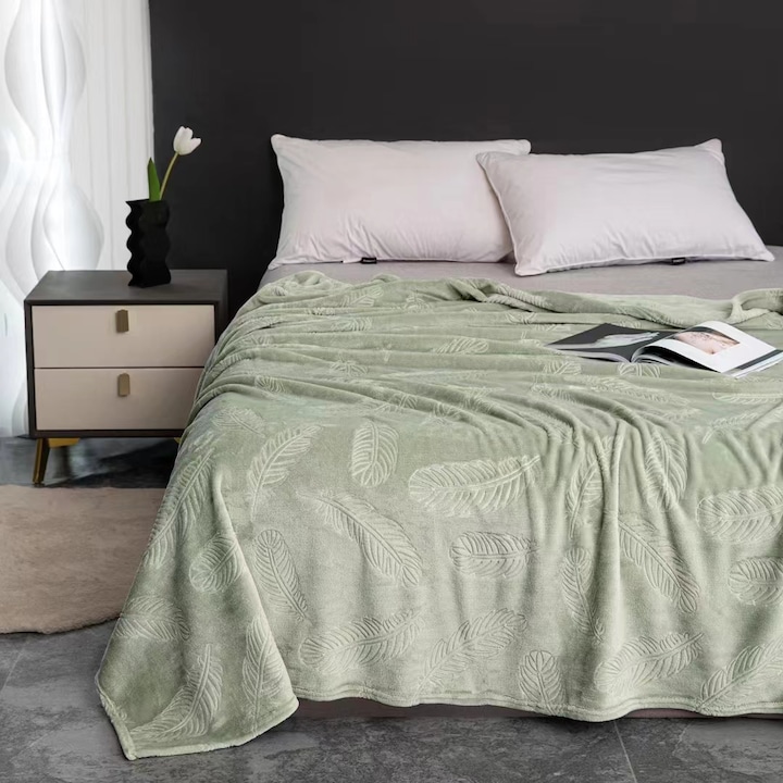 Patura cocolino pufoasa pat dublu, model embosat frunze, YM-5, verde, 200 x 230 cm