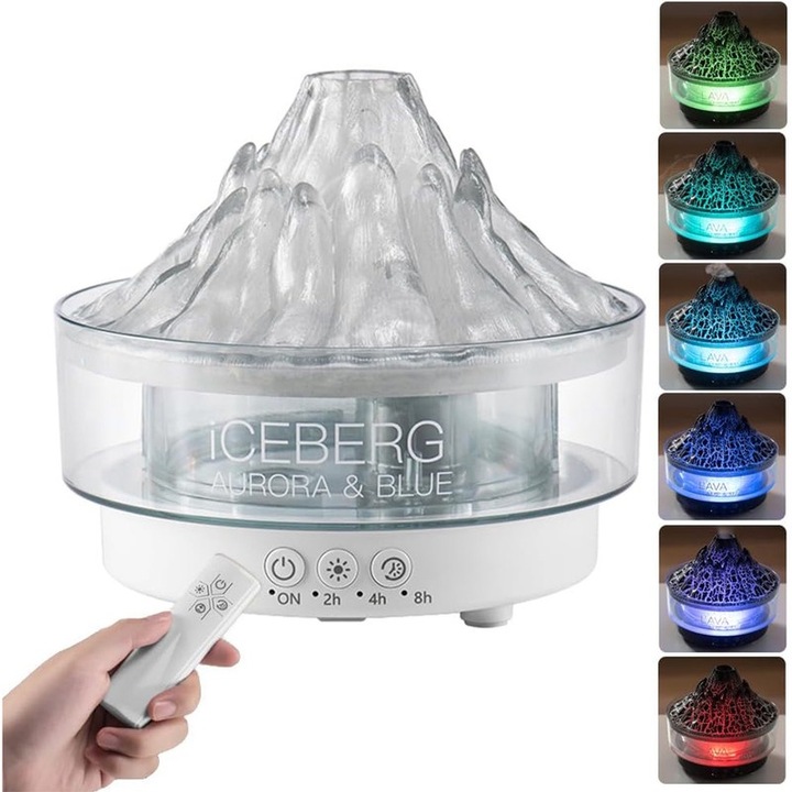 Lehnedar aromaterápiás diffúzor, párásító, illóolaj diffúzor, vulkán és jéghegy dizájn, 260 ml, 7 világítási mód, távirányító, automatikus kikapcsolás, átlátszó