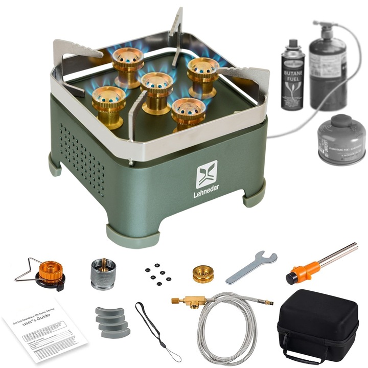 Lehnedar® kempingégő, 30000 BTU, hordozható kempingtűzhely, hordtáskával, 12x12x10,5cm, tömeg 705g, bután/propán/izobután gáz, Army green