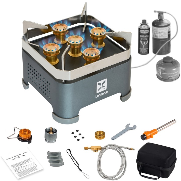 Arzator camping Lehnedar®, 30000 BTU, aragaz camping portabil, cu husa de transport, 12x12x10.5cm, greutate 705g, gaz butan/propan/isobutan, Gri