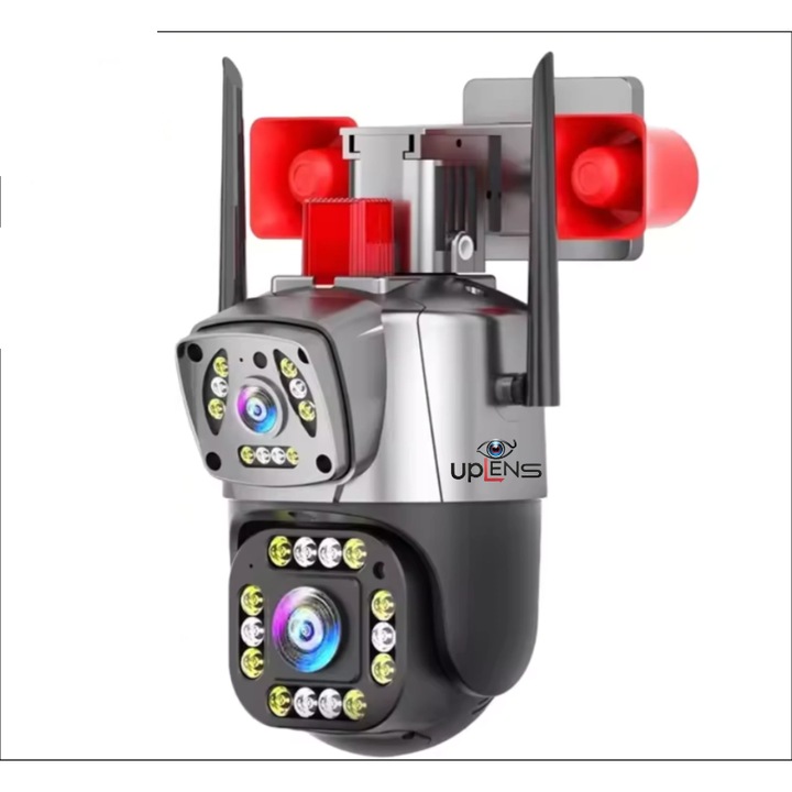 Camera de supraveghere UpLens, 4MP, Conexiune WiFi, 2 obiective, Exterior/Interior, ULTRA HD 2K, zoom, Rotire 355 grade, Leduri lumina rosu/albastru, Comunicare Bidirectionala, Senzor Miscare, PTZ, Vedere Nocturna, 2 Sirene, Alarma