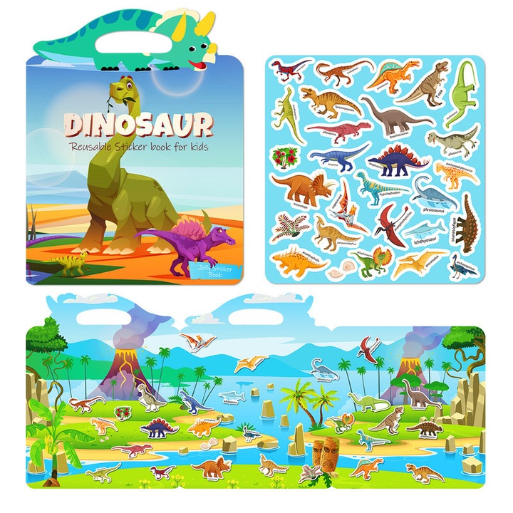 Gyermek Oktató Matricás Könyv, Újrahasználható, Quiet Book, Dinoszaurusz Korszak