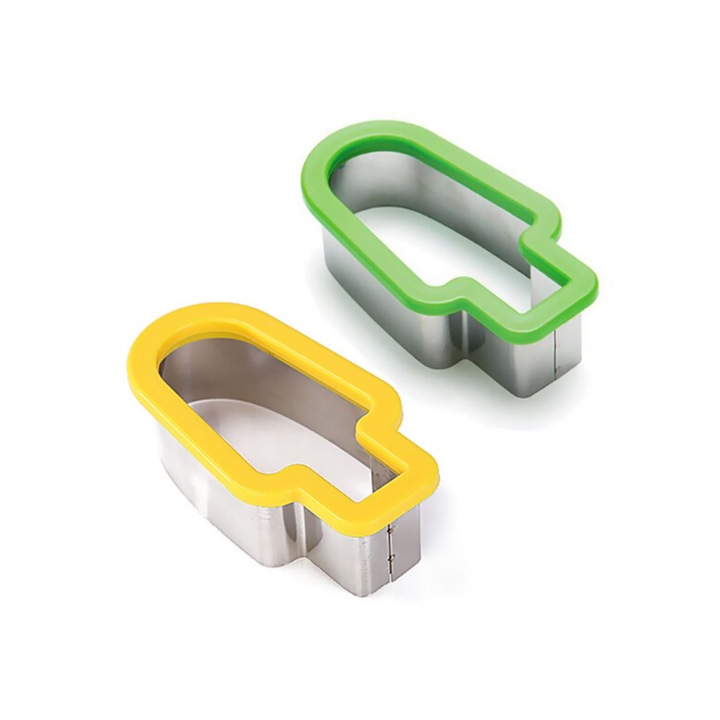 Rozsdamentes acélból álló kreatív görögdinnyevágó készlet, műanyag tartóval, zöld és sárga színben