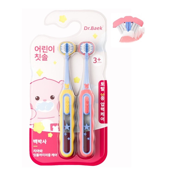 2 db-os fogkefe készlet gyerekeknek, puha sörtéjű, tarka, 2-13 éves korig