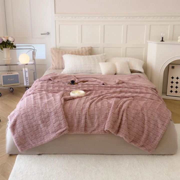 Patura, imitatie de iepure, 200x240 cm uni, roz