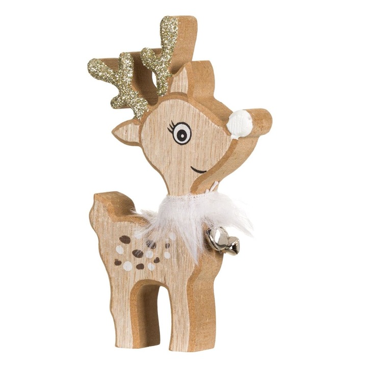 Decoratiune Craciun Lemn, Model Cerb, Pene Albe, Clopotel, Detalii Glitter Bej Sampanie, 15cm