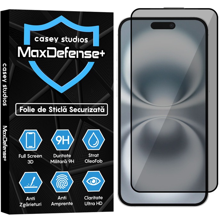 Folie Sticla CASEY STUDIOS™ compatibila cu iPhone 16 Plus, MaxDefense+ Privacy, Full Cover 3D, Full Glue, Sticla Securizata, Duritate Militara, Ultra HD, Protectie Profesionala Ecran 3D, Anti Zgarieturi, Anti Socuri