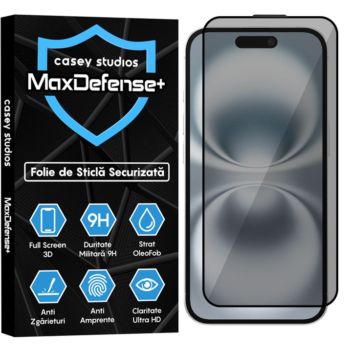 Folie Sticla CASEY STUDIOS™ compatibila cu iPhone 16, MaxDefense+ Privacy, Full Cover 3D, Full Glue, Sticla Securizata, Duritate Militara, Ultra HD, Protectie Profesionala Ecran 3D, Anti Zgarieturi, Anti Socuri