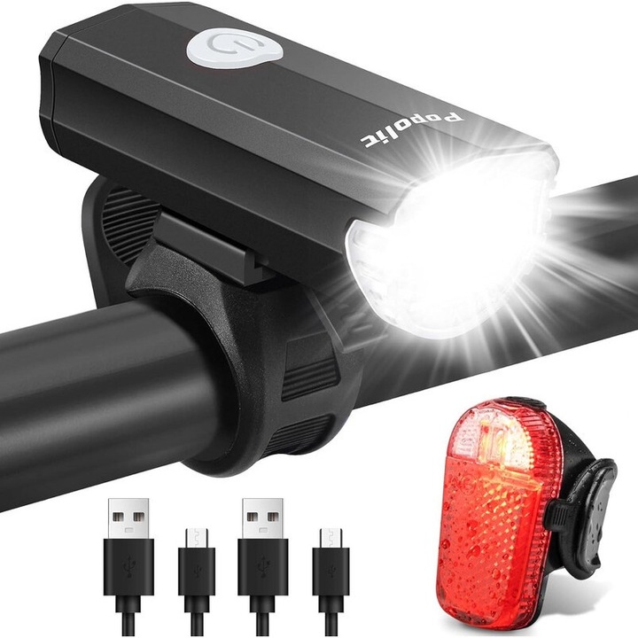 LED kerékpár lámpa készlet, 30/15 Lux, 360°-ban forgatható kivitel, vízálló, USB töltés