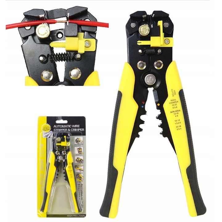 Cleste dezizolare, Blurr, Auto-Ajustabil, Cu Functie de Taiere, Sertizare si Functie de Dezlipire, pentru Cabluri Izolate si Neizolate, Otel, Galben | Negru