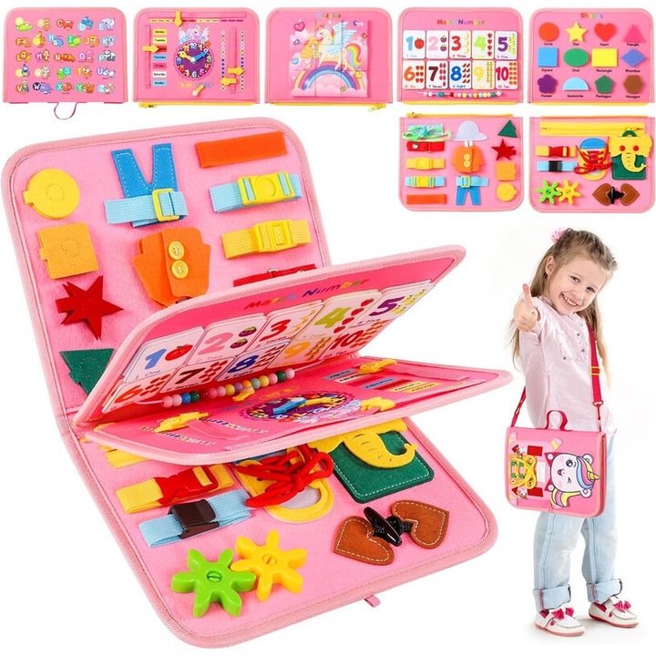 Tabla activitati pentru copii cu model unicorn, 29 activitati, material textil, 30x40cm