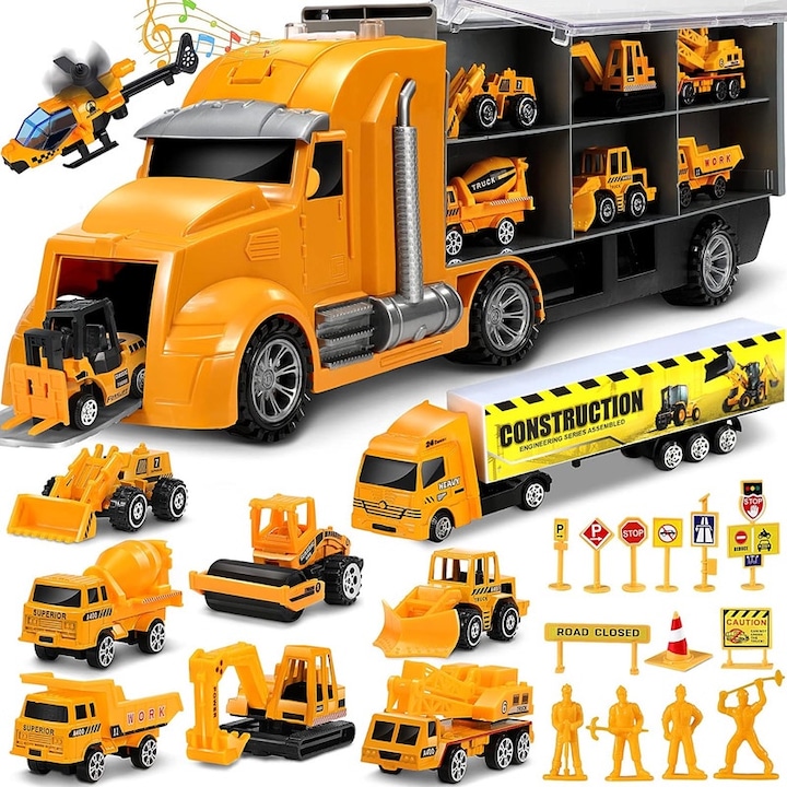 Set masinute de constructie 11 in 1, excavator, vehicule de constructie, multicolor, pentru copii 2-4 ani