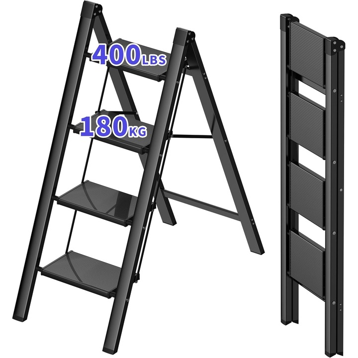 Алуминиева стълба за работа, 4 стъпала, лек дизайн, противоплъзгаща се, черна