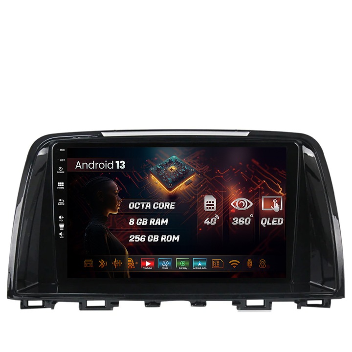 Navigatie HUB64 Mazda 6 (2012-2017), 8GB RAM, Android 13, Octacore, SIM foglalat 4G, DSP, GPS, Wi-Fi, Carplay, Android Auto, USB, Bluetooth, Waze, Érintőképernyő, 9 hüvelyk