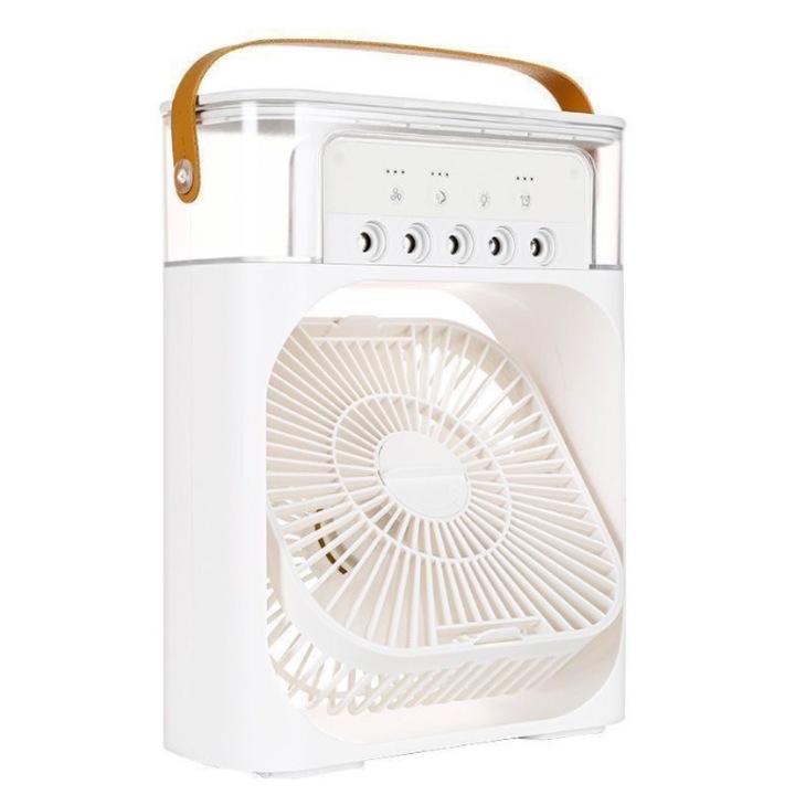 Mini ventilator portabil, racitor de aer cu umidificator, cu rezervor apa 600 ml, 25x20x8.5 cm, alb