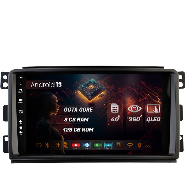 Navigatie HUB64 Smart For Two (2007-2010), 8GB RAM, Android 13, Octacore, Slot Sim 4G, DSP, GPS, Wi-FI, Carplay, Android Auto, USB, Bluetooth, Waze, Touchscreen, 9 Inch