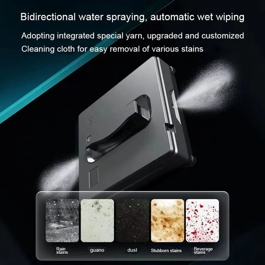 Robot de curatare a geamurilor, WALALLA, pulverizare cu apa in doua directii, 3 moduri de functionare, control prin aplicatie mobila, dispozitiv de protectie UPS, rezervor de apa de 50 ml, detectare rama, cu telecomanda, aspiratie 5600 Pa, negru
